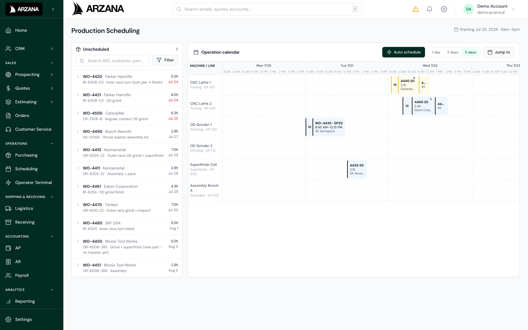 Production scheduling with eleven unscheduled work orders and an empty calendar